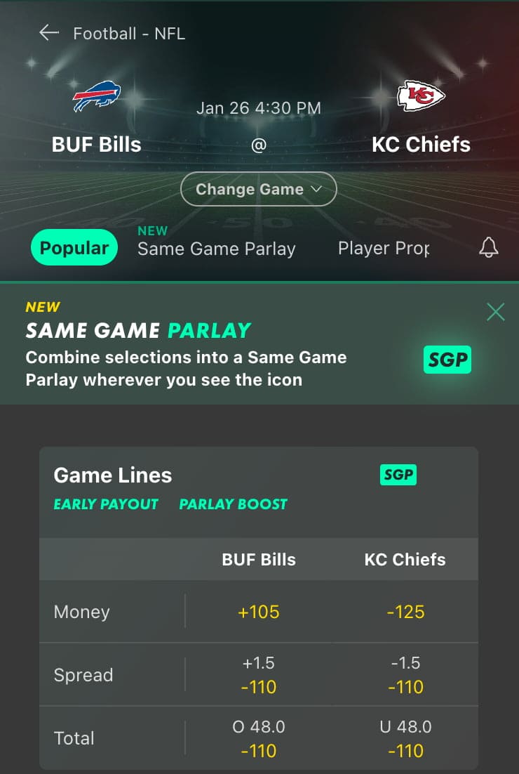 Bills vs. Chiefs AFC Championship game odds at Bet365.